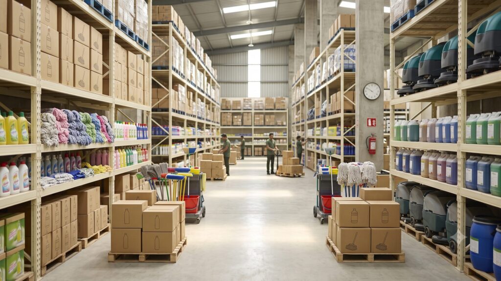 Wide view of the Chamunda Traders wholesale housekeeping supplies warehouse