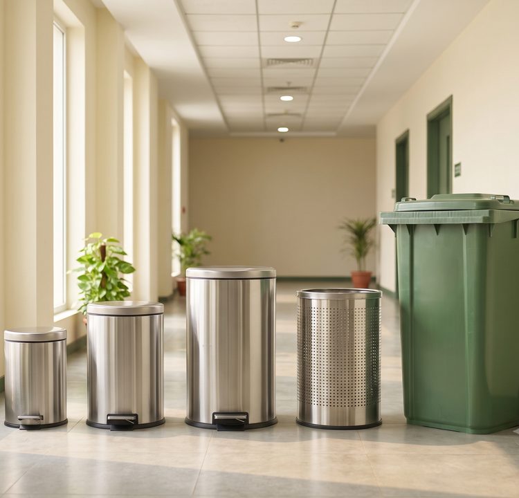 Stainless steel pedal bins and a wheeled garbage container