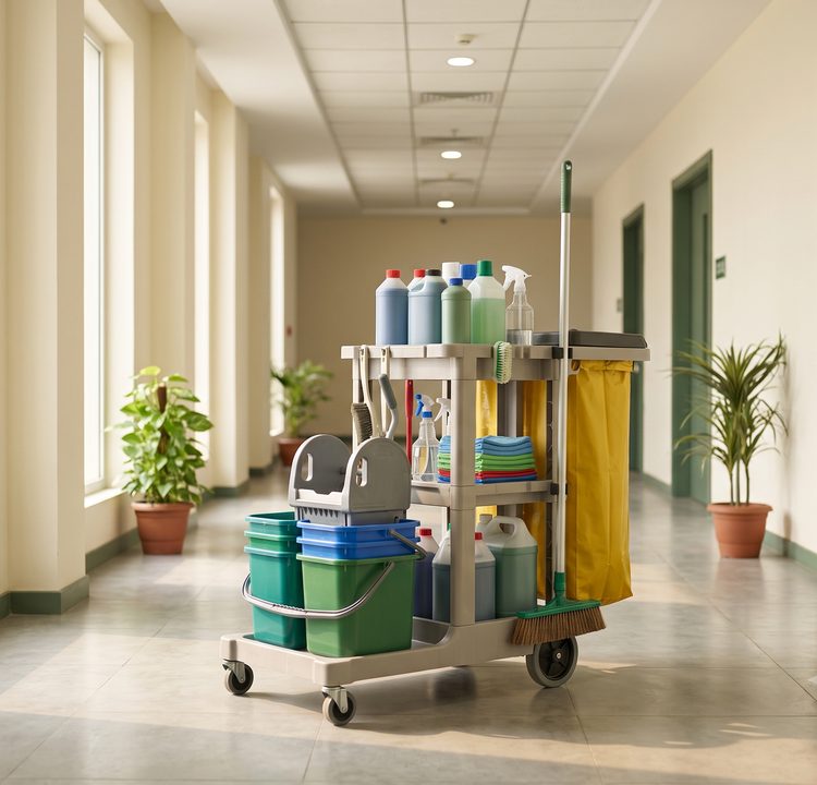Multi-functional housekeeping trolley in an office corridor