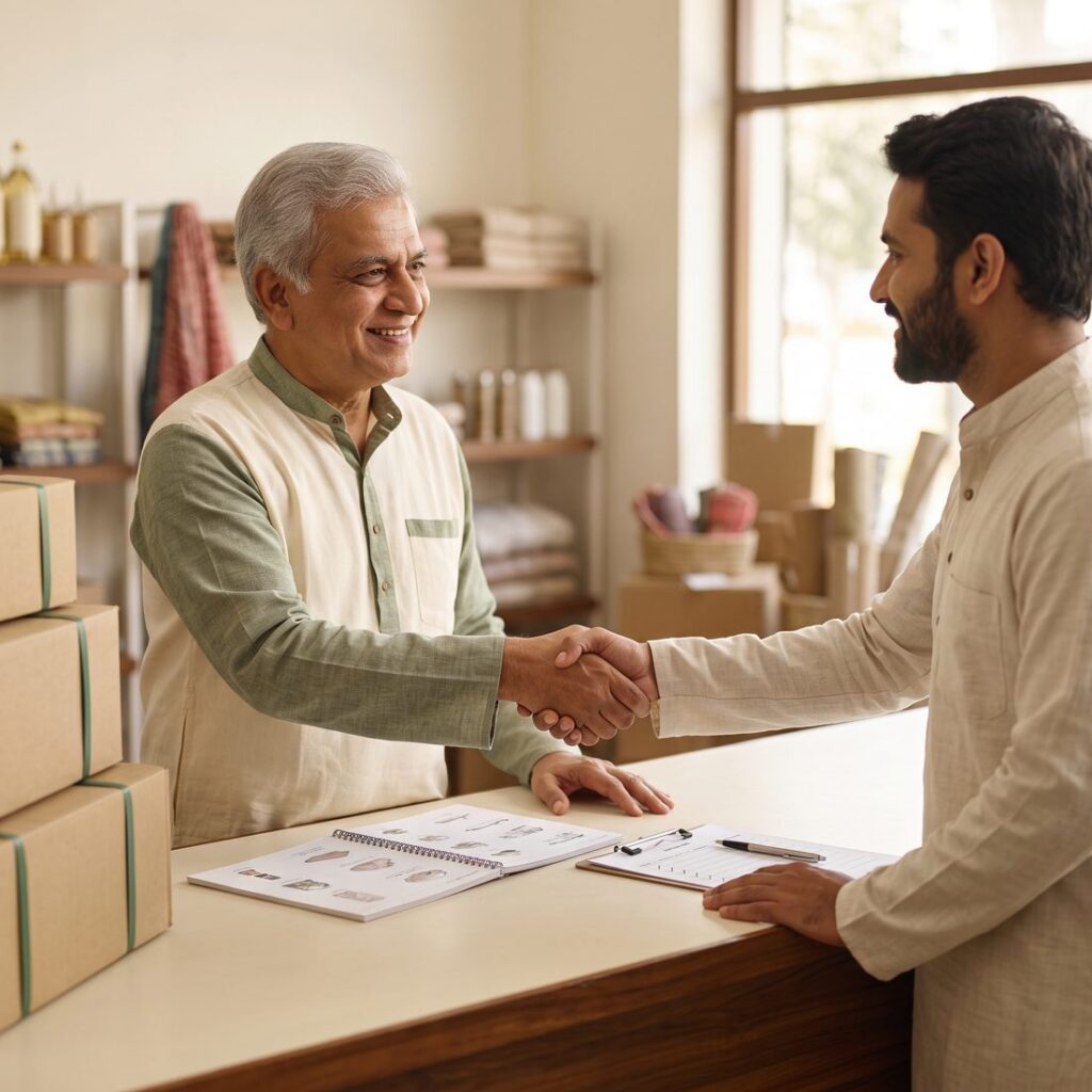 Supplier and client shaking hands over a product catalogue and order sheet