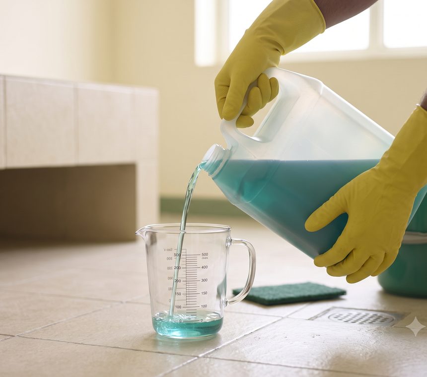 Diluting concentrated cleaning chemical into a measuring jug