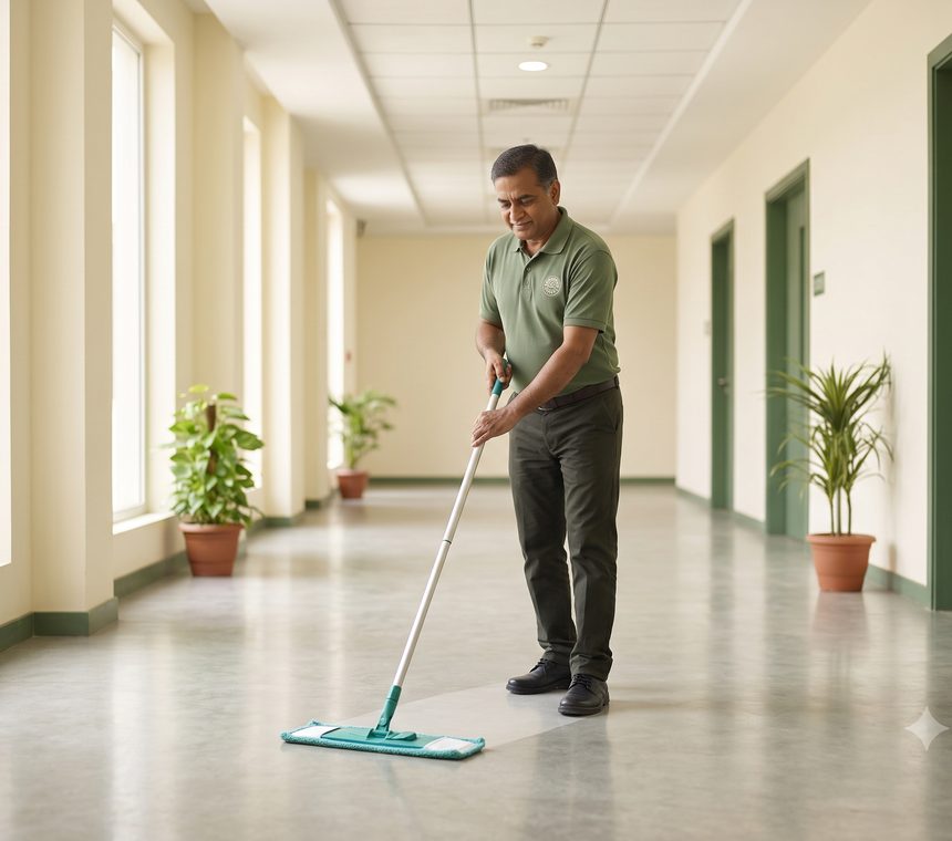 Housekeeping staff mopping an office corridor with a flat dry mop