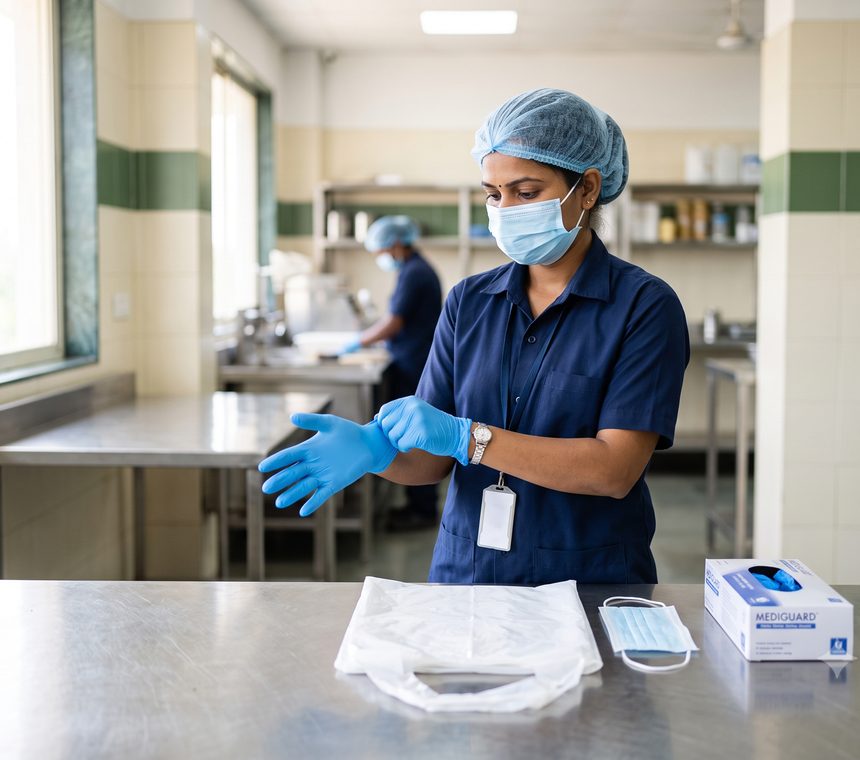 Worker putting on nitrile gloves in a clean facility
