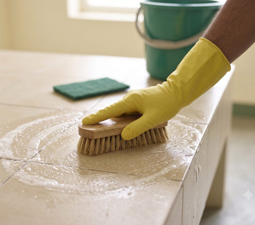 Scrubbing a tiled surface with a stiff cleaning brush